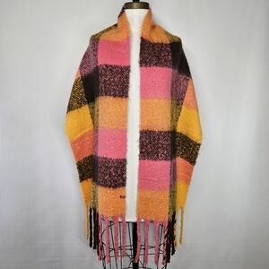 Levi's 72x16" Scarf Big Soft Chunky Knit Plaid Orange Pink Brown Plaid Fringe